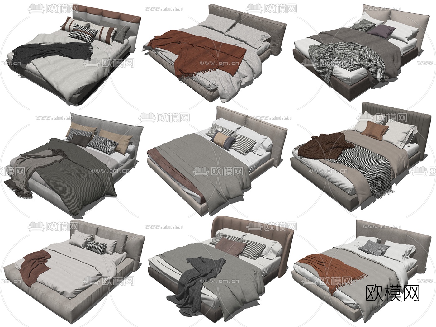 现代布艺双人床su模型下载（渲染图1）