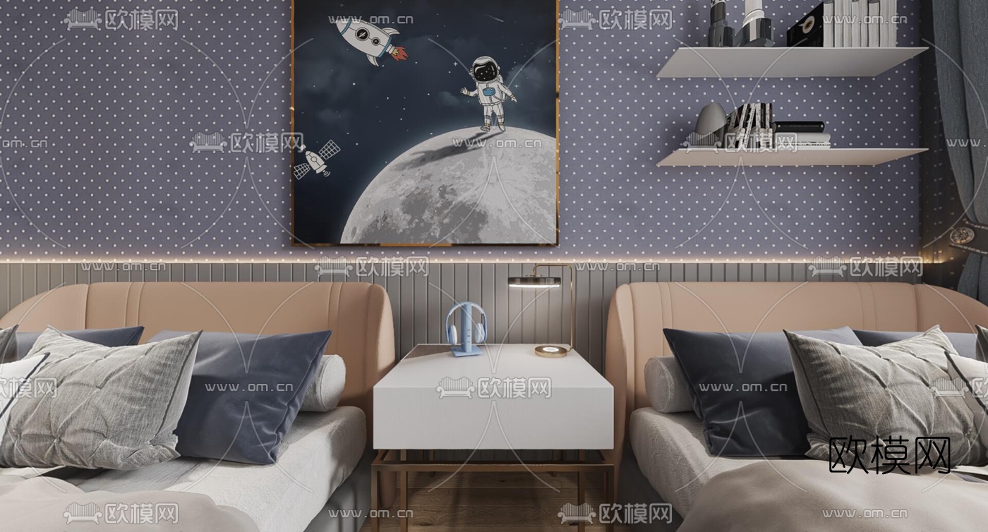 现代儿童房双床房vr全景3d模型