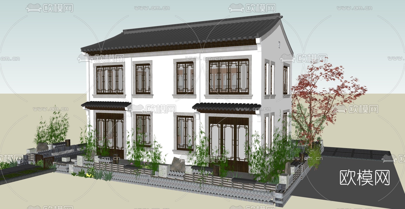 中式民宿建筑外观su模型下载（渲染图1）
