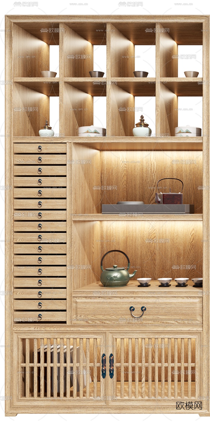 新中式实木博古架3d模型下载（渲染图3）