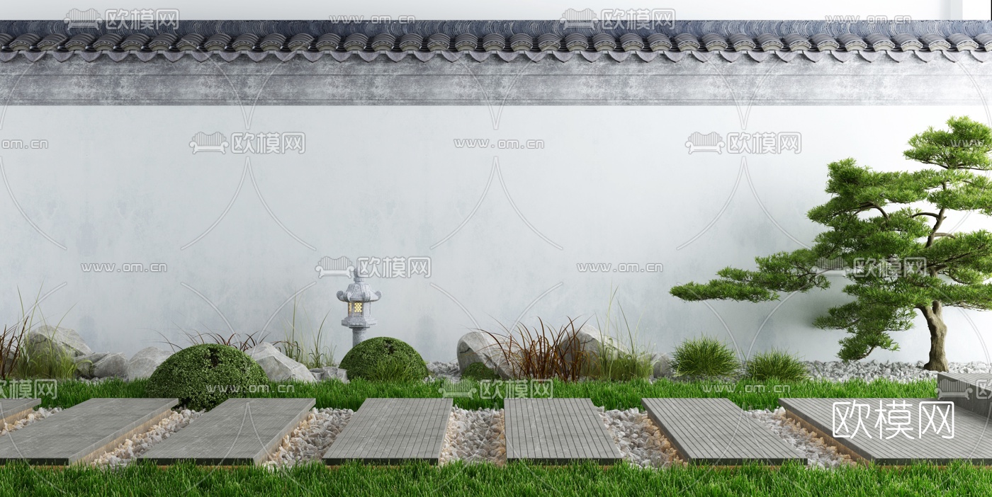 新中式院墙草地景观小品3d模型-免费3dmax模型库-欧模网