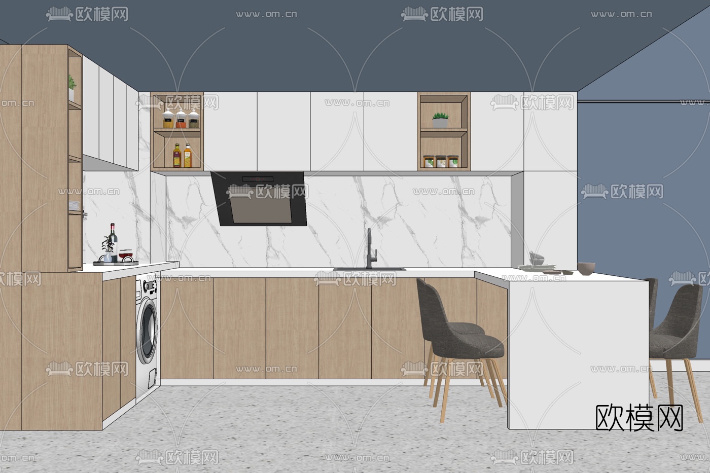 现代开放式厨房免费su模型下载
