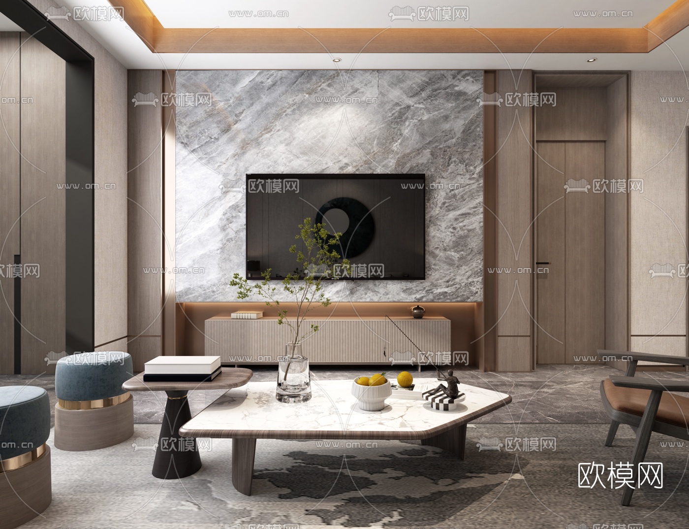 现代客厅餐厅免费3d模型下载（渲染图4）