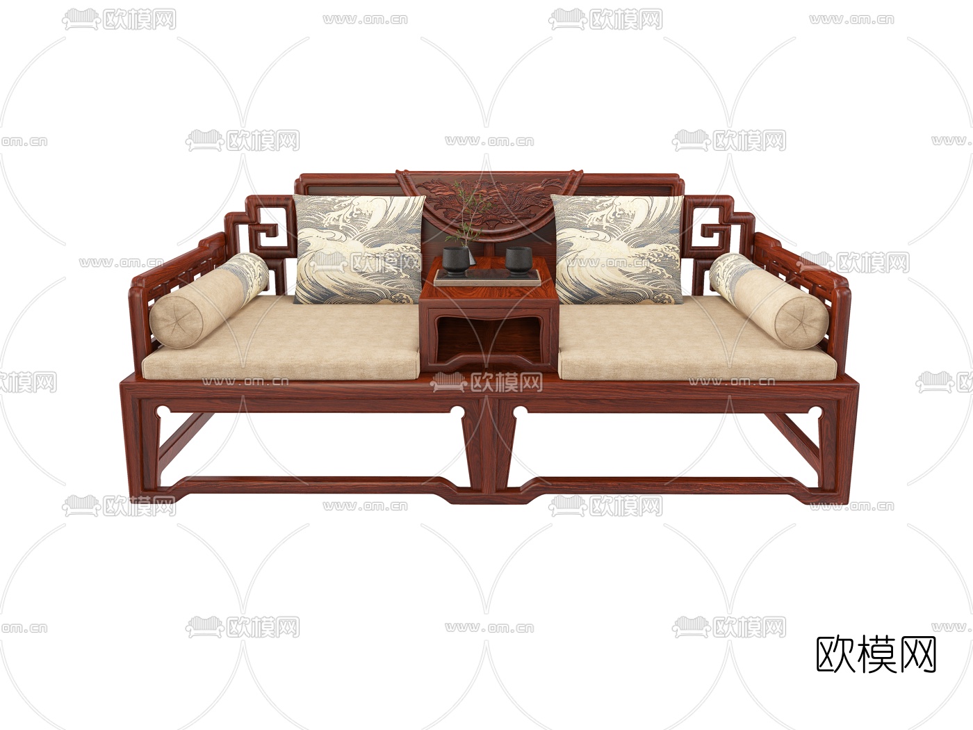 中式实木罗汉床3d模型下载（渲染图2）