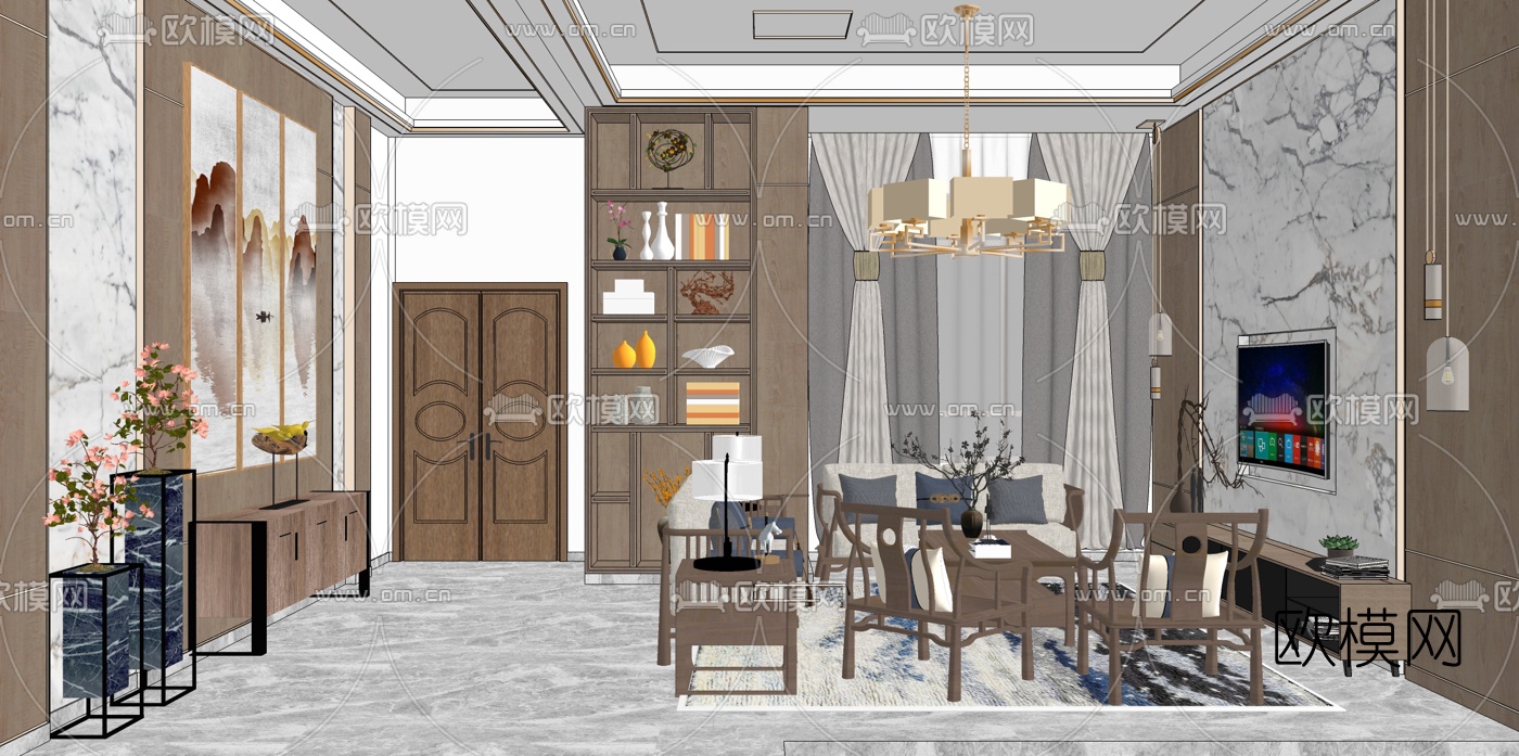 新中式客厅餐厅su模型下载
