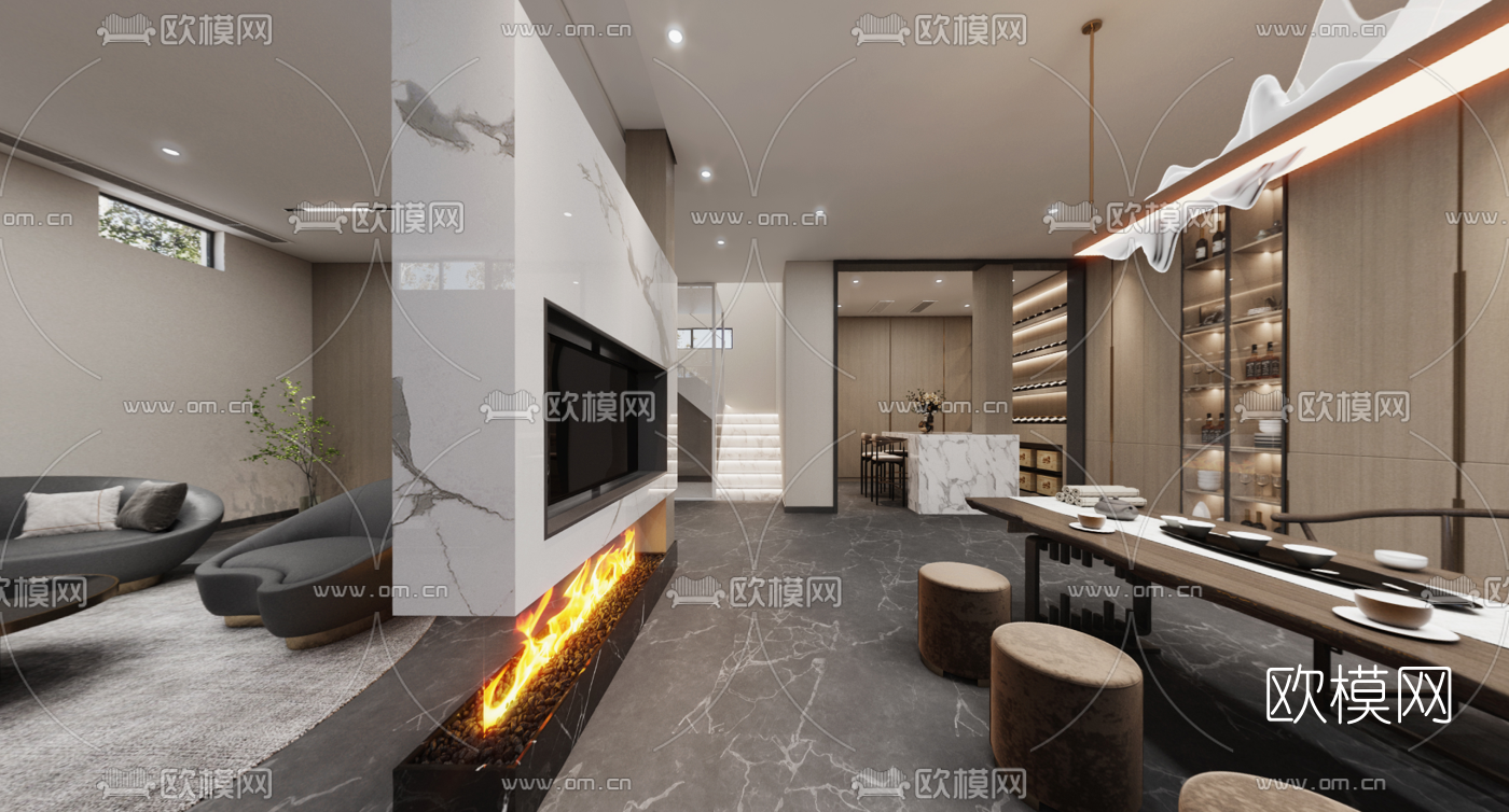 新中式地下茶室会客厅vr全景3d模型