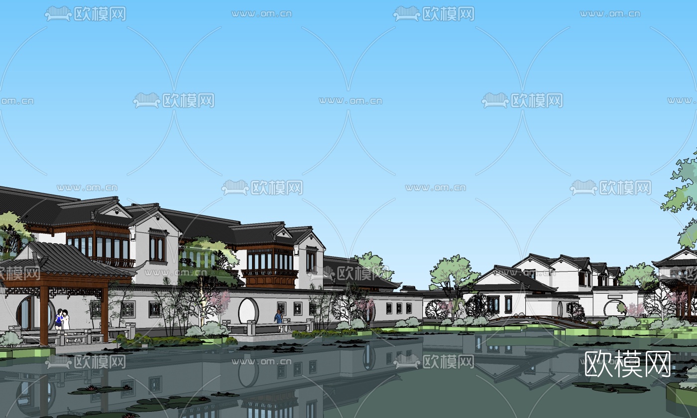中式江南别墅外观su模型下载（渲染图1）