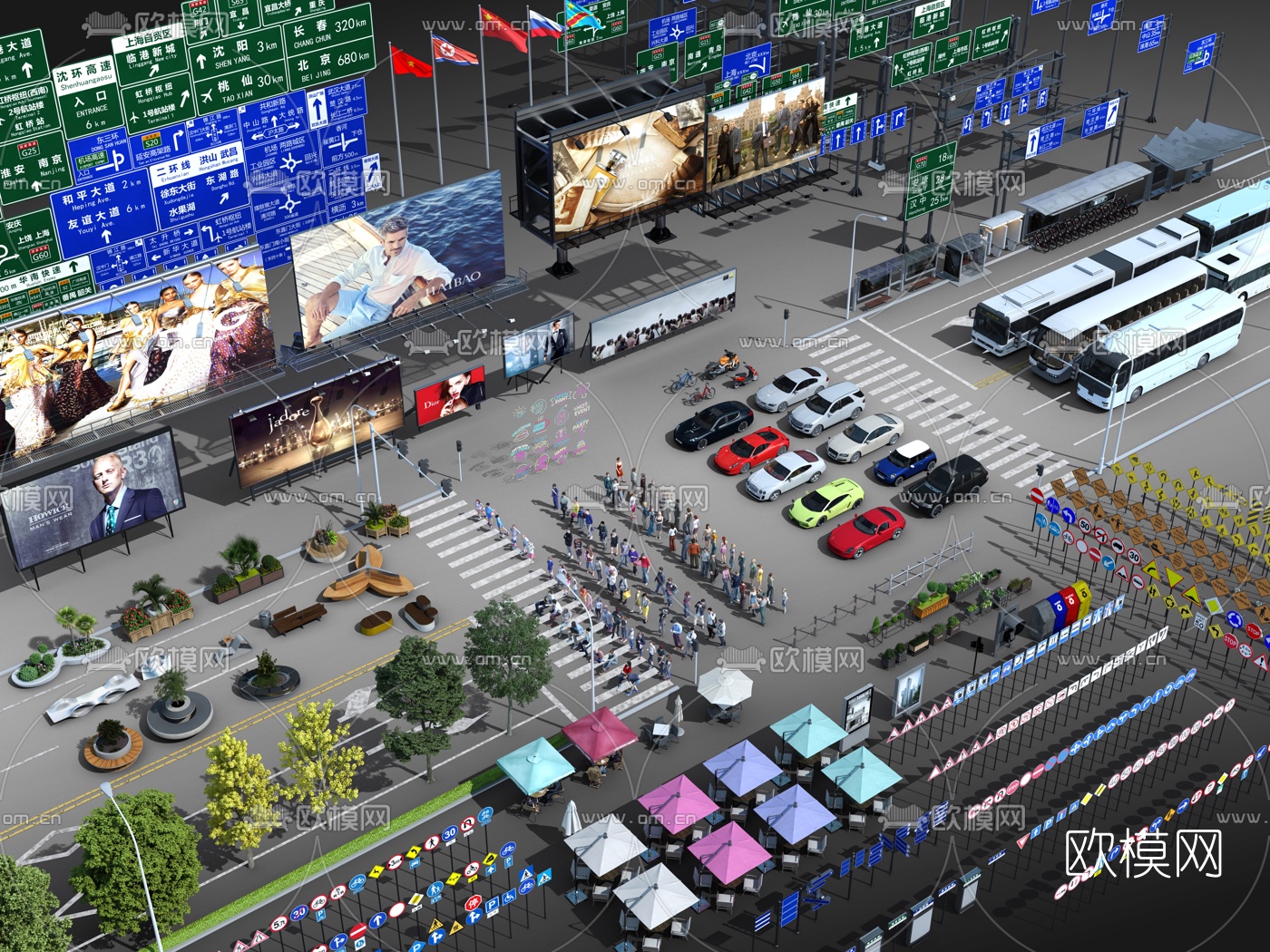 现代汽车人物道路设施路灯广告牌3d模型