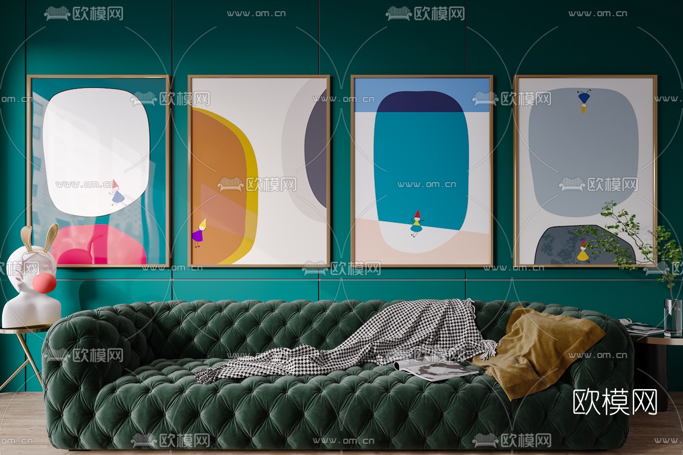 北欧绒布多人沙发3d模型下载（渲染图1）