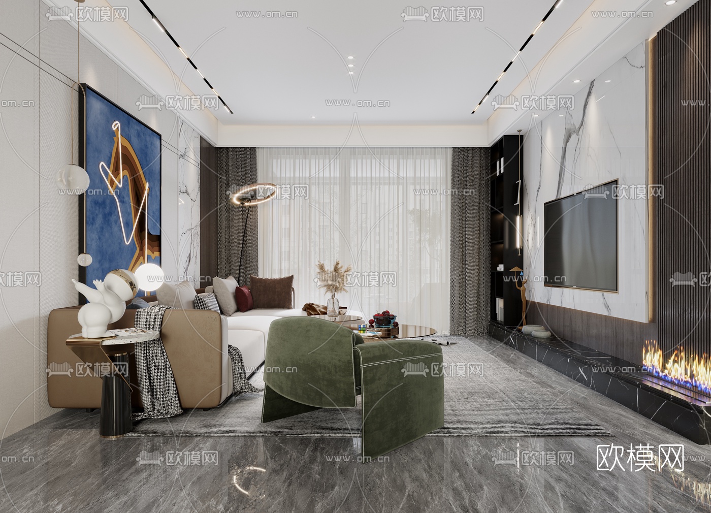 现代轻奢客厅餐厅3d模型下载（渲染图3）