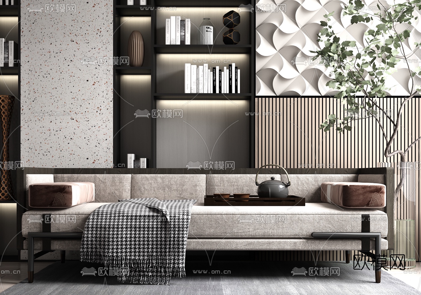 新中式布艺床尾凳3d模型下载