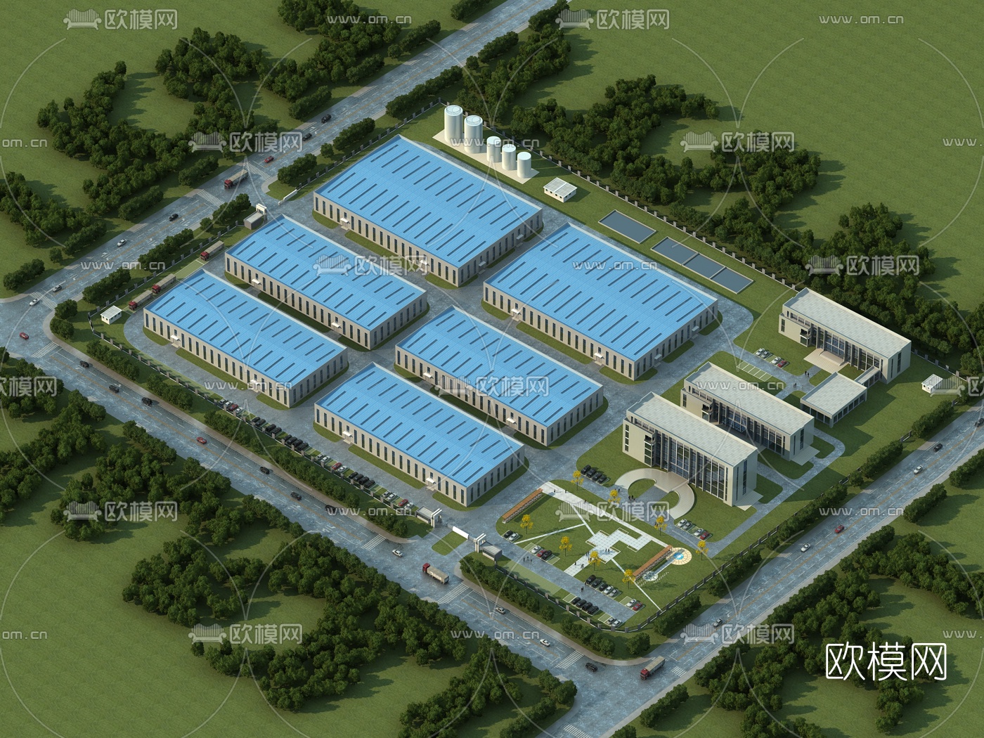 现代厂区厂房鸟瞰规划3d模型下载