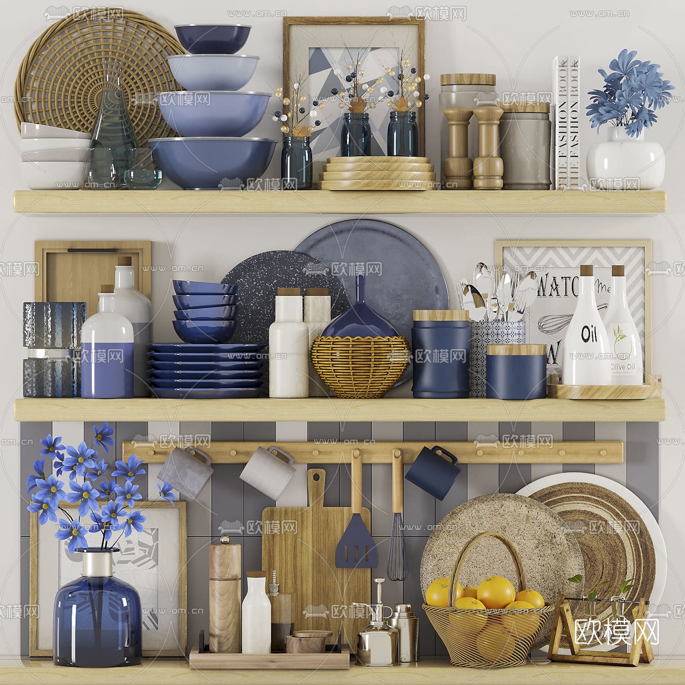 北欧碗碟餐具调料瓶砧板3d模型下载（渲染图1）