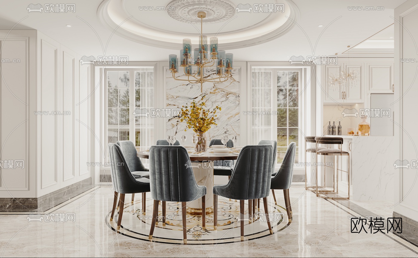 欧式别墅客厅餐厅3d模型下载（渲染图2）