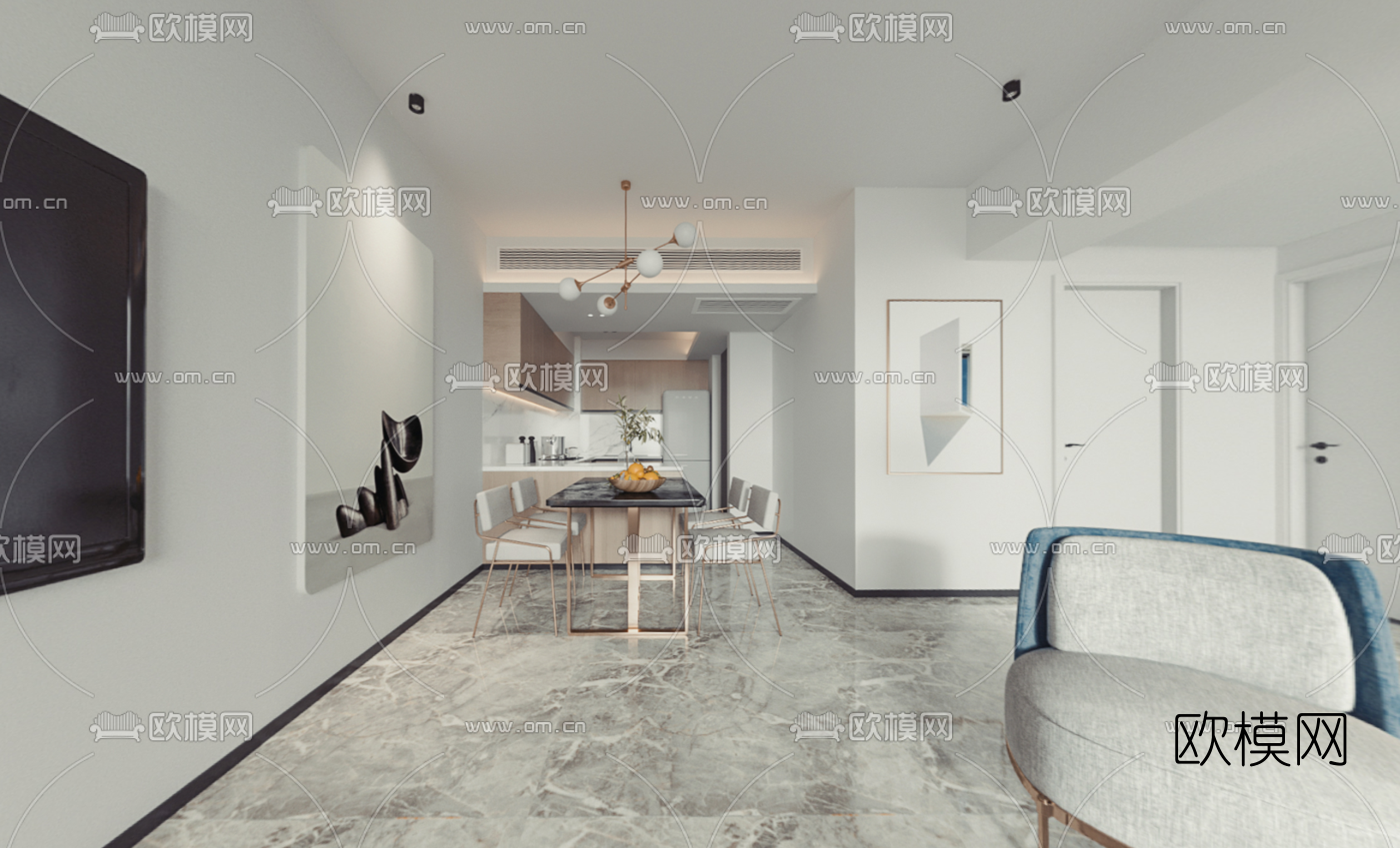 现代客厅餐厅vr全景3d模型