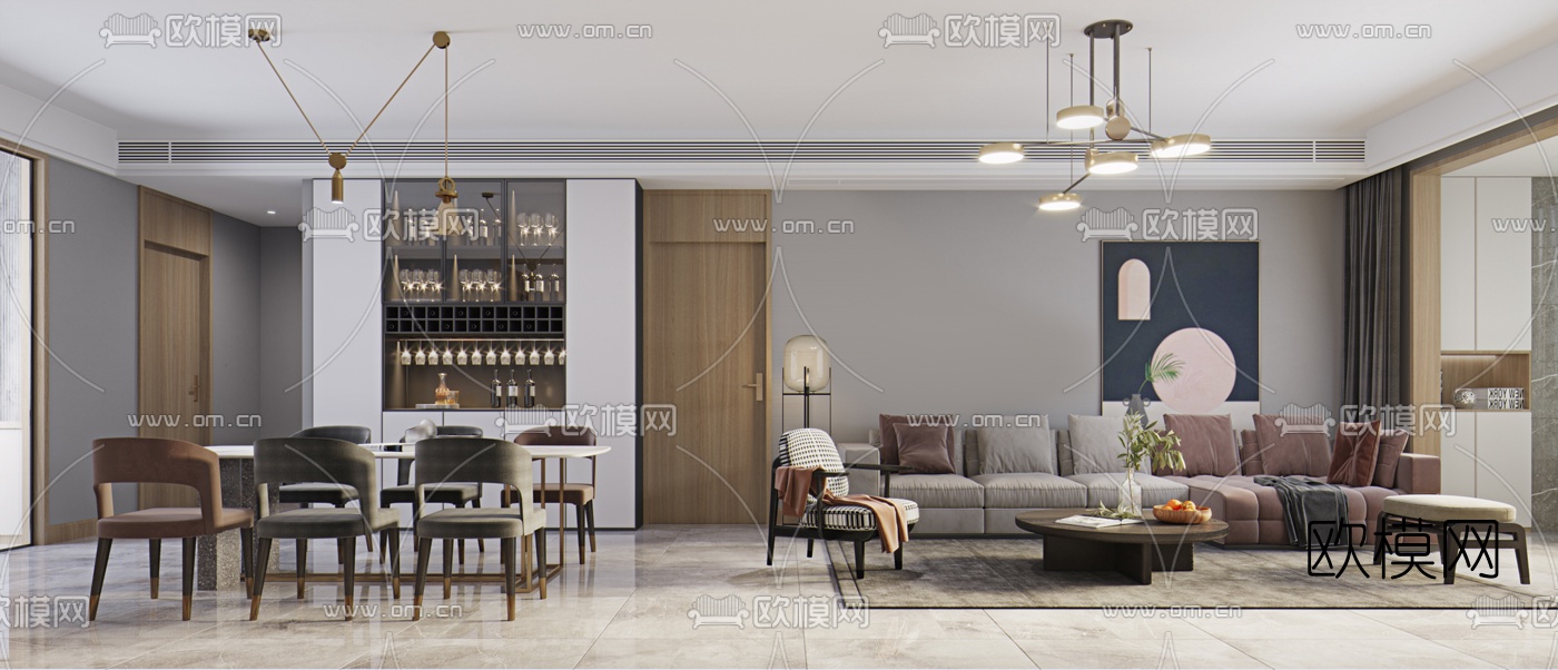 现代客厅餐厅3d模型