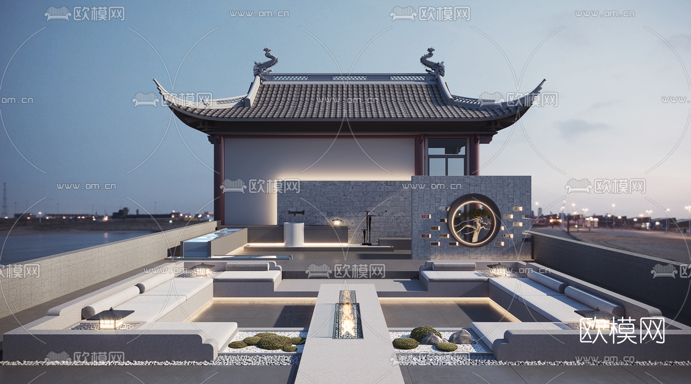 新中式屋顶花园3d模型