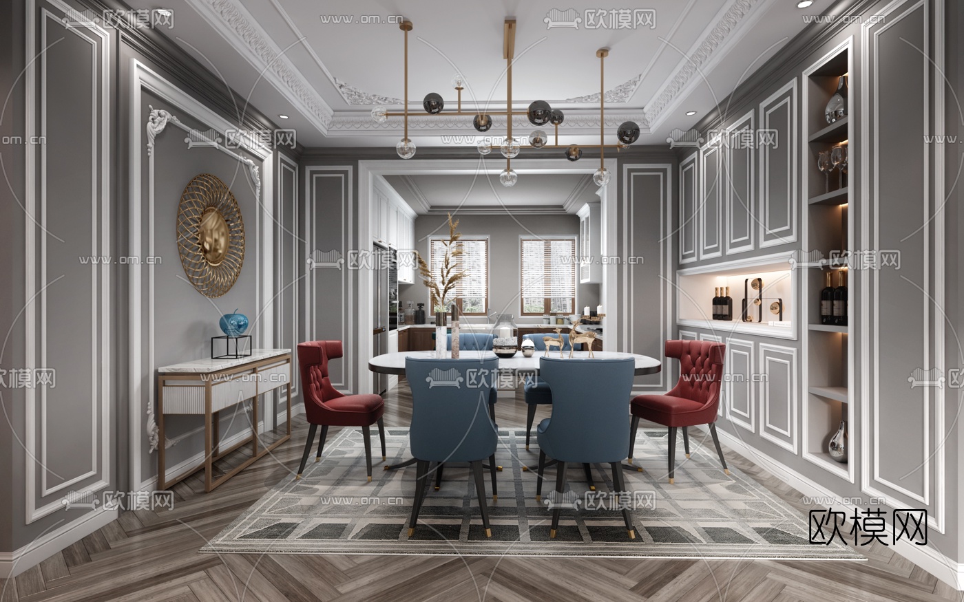 简欧客厅餐厅3d模型下载（渲染图3）