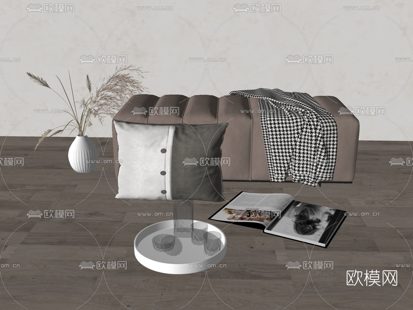 现代床尾凳脚踏su模型下载（渲染图2）