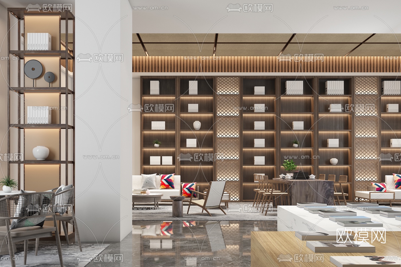 柏年印象设计 新中式图书馆阅览区3d模型下载