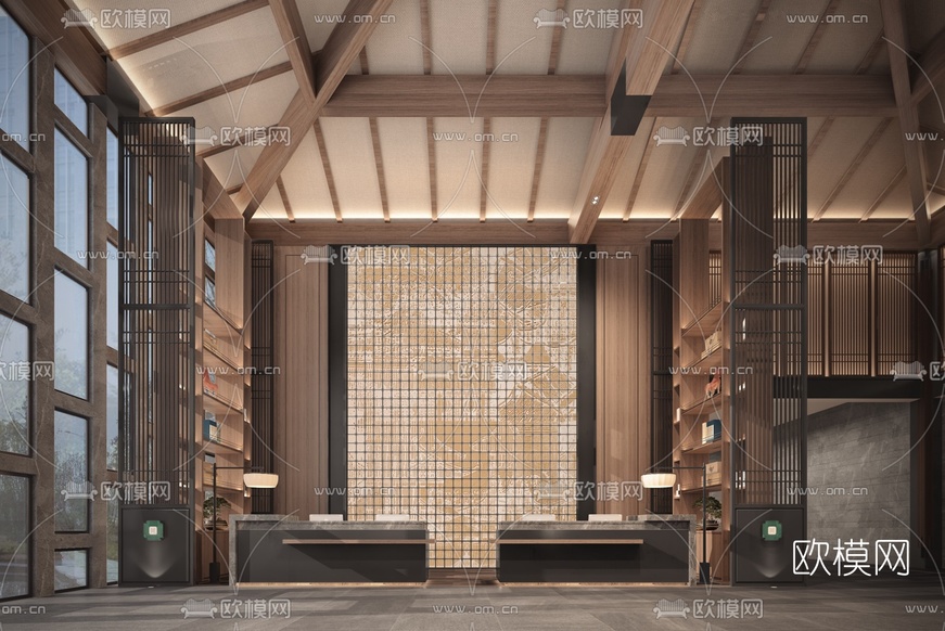 新中式酒店大堂3d模型下载(渲染图2)