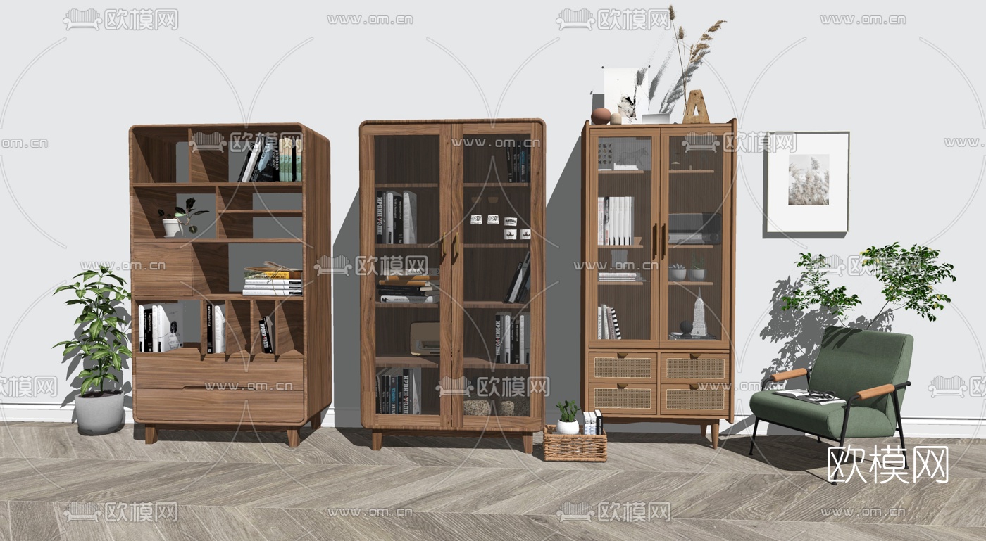 北欧简约书柜su模型下载（渲染图2）