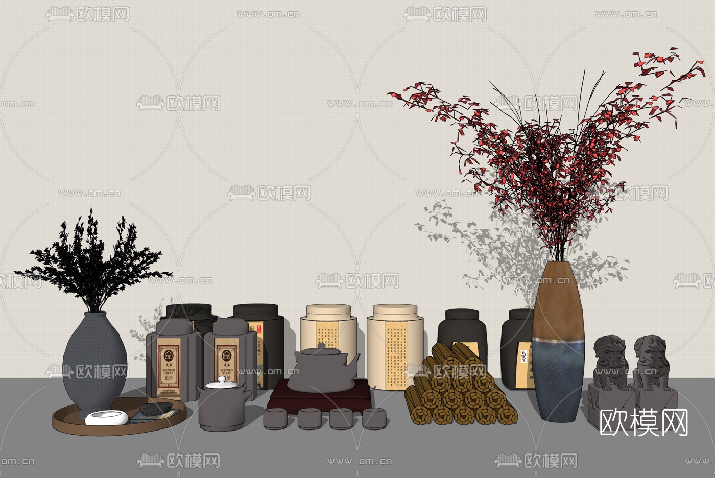 中式茶壶茶罐竹简摆件su模型下载