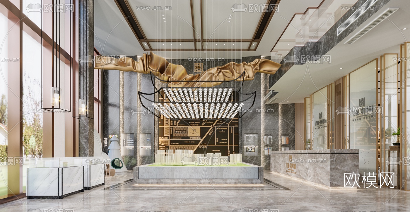 新中式售楼处沙盘区3d模型下载（渲染图1）