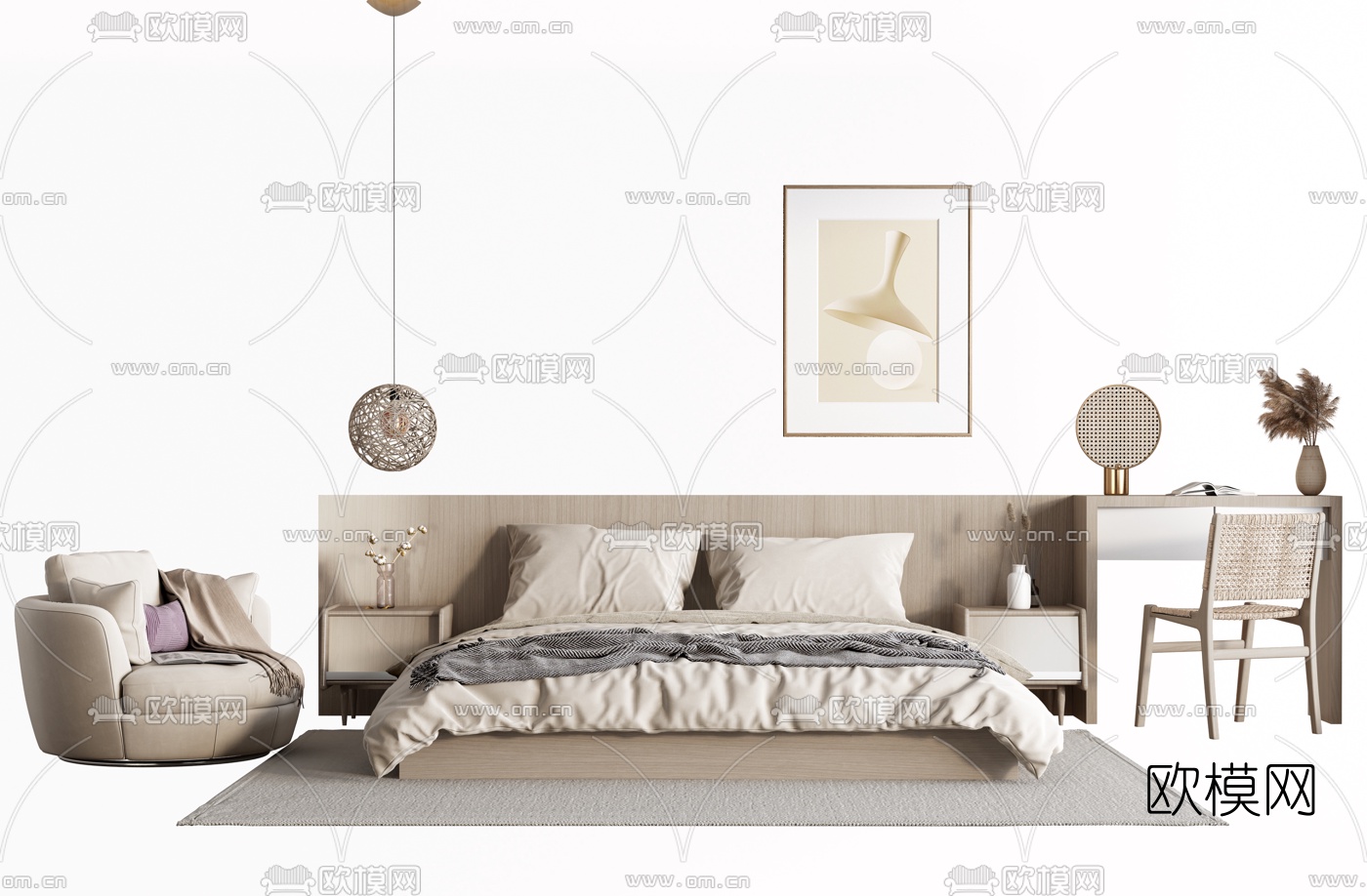 日式布艺双人床3d模型下载