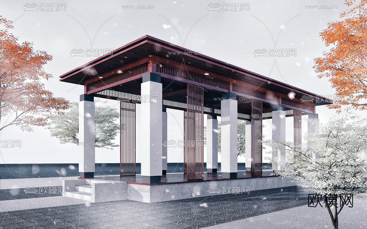 新中式长廊廊架3d模型下载