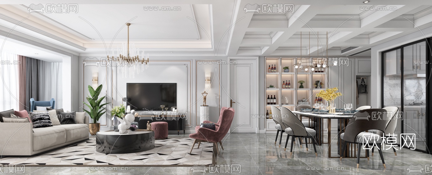 北欧客厅餐厅3d模型-免费3dmax模型库-欧模网