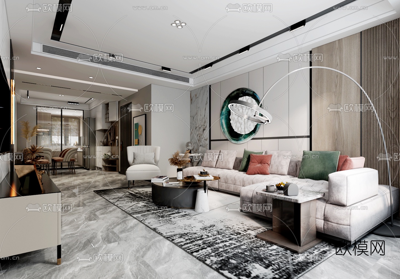 现代轻奢客厅餐厅3d模型下载（渲染图2）