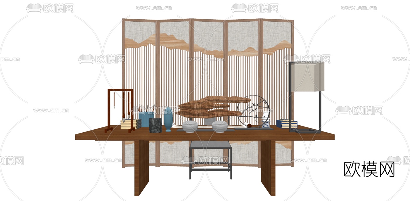 新中式实木书桌椅su模型下载
