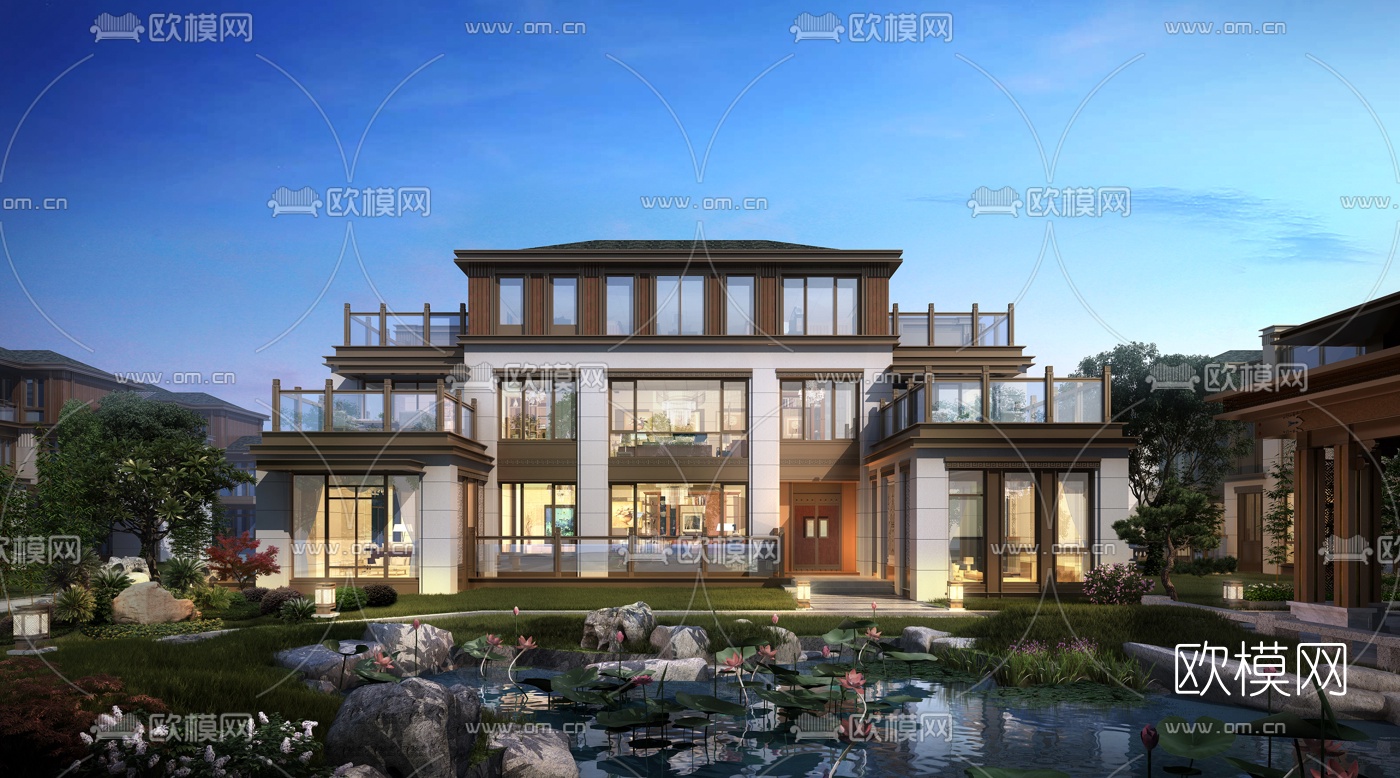 新中式别墅建筑外观3d模型