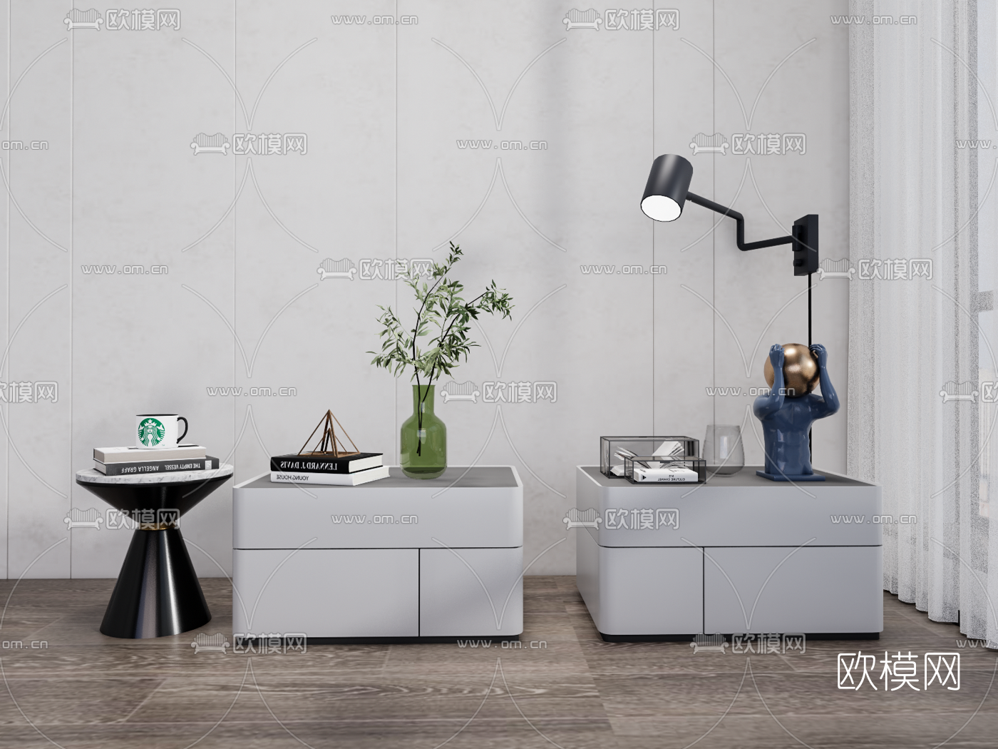 现代轻奢床头柜su模型下载（渲染图1）