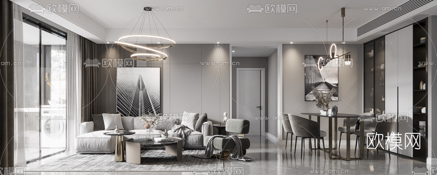 现代高级灰客厅餐厅3d模型下载（渲染图1）