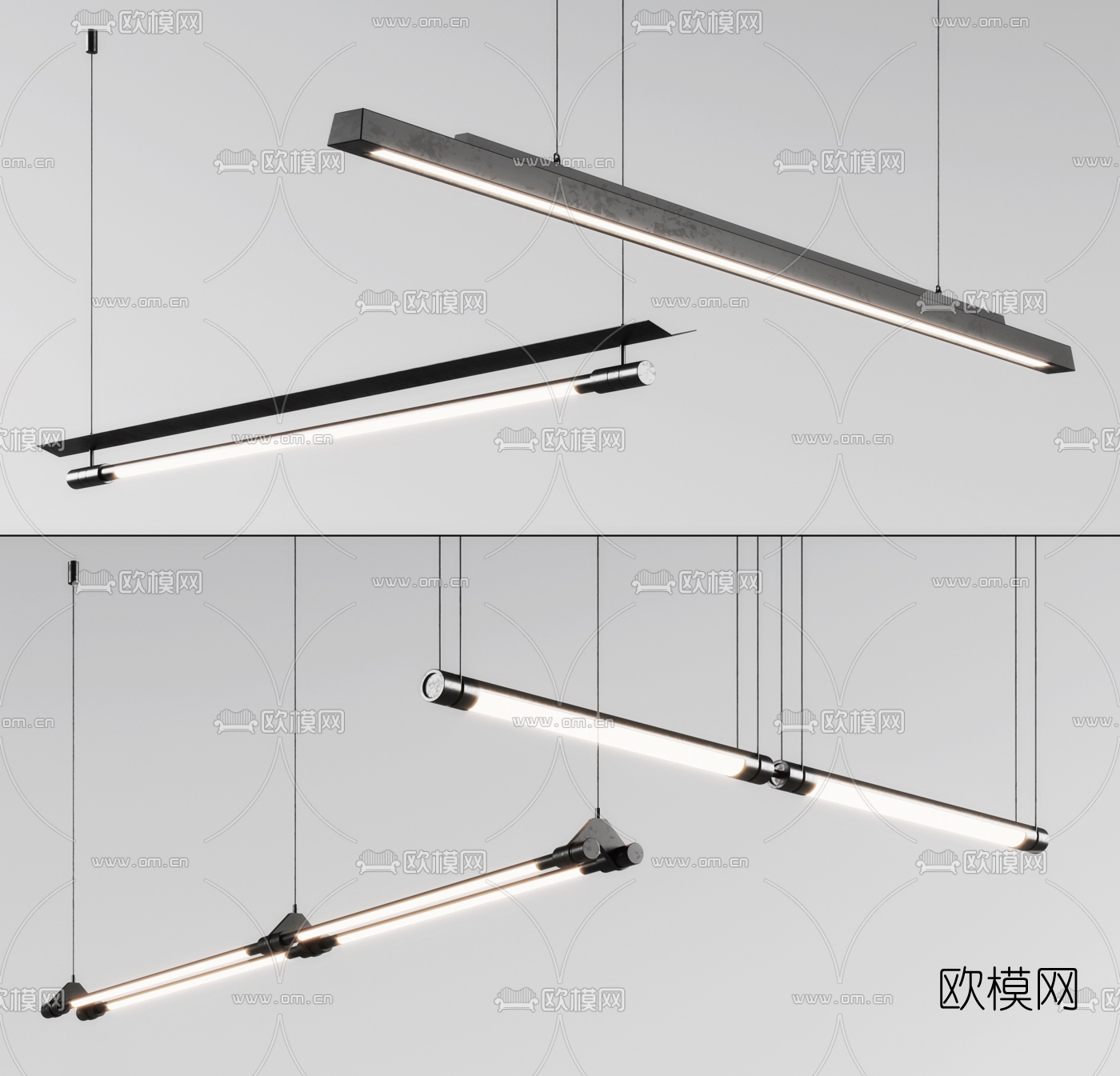 现代办公灯管吊灯3d模型下载