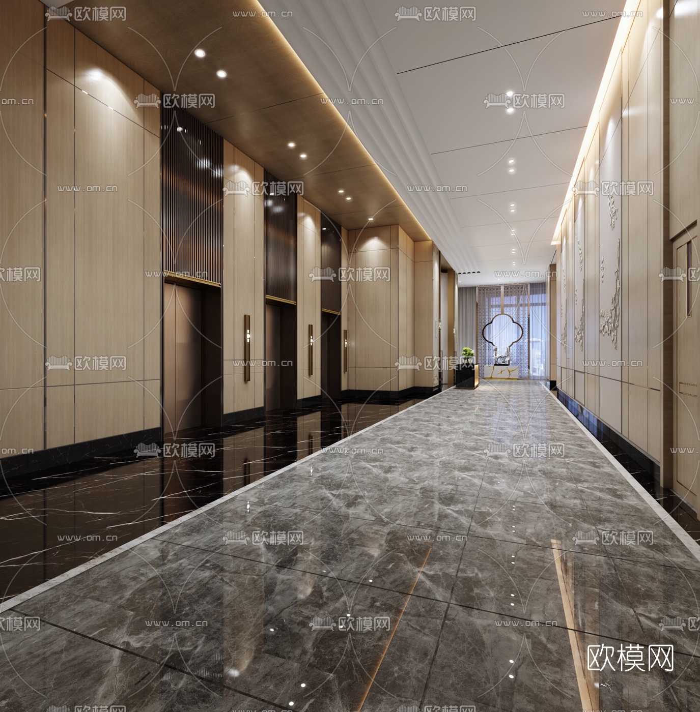 新中式酒店会所电梯厅3d模型下载（渲染图1）