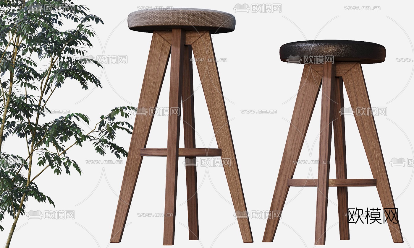北欧原木吧台椅3d模型下载（渲染图2）