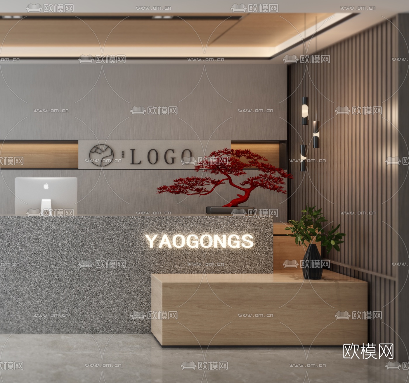 新中式办公大堂前台3d模型