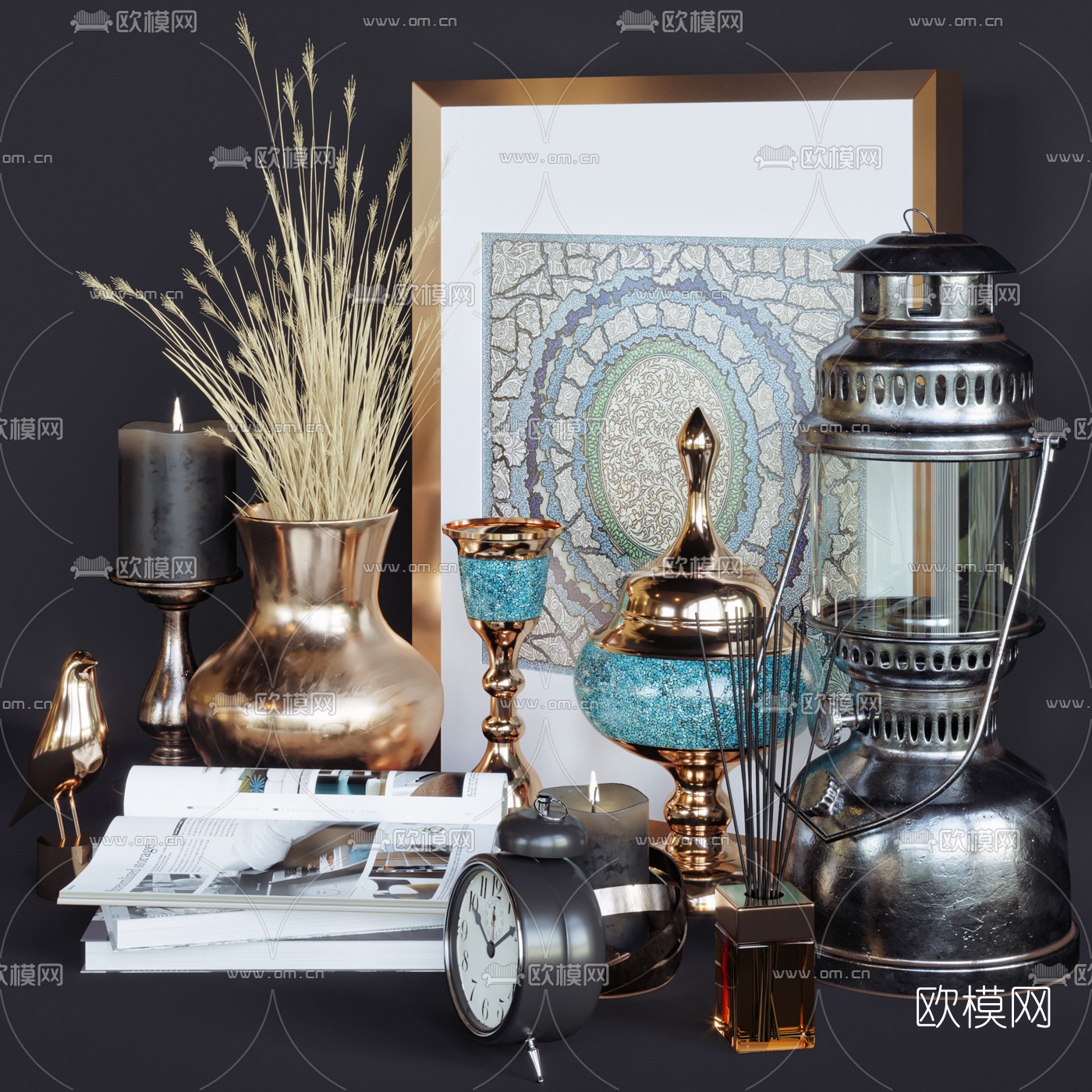 简欧金属器皿闹钟油灯摆件3d模型下载（渲染图1）