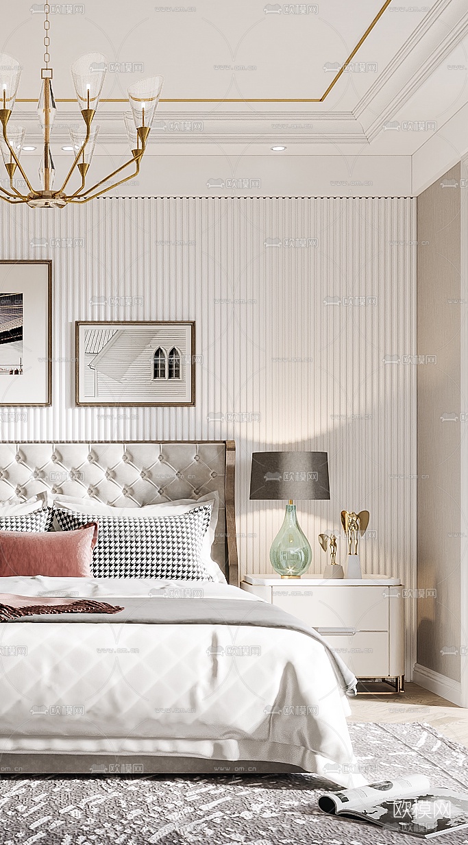 美式轻奢卧室主人房3d模型下载（渲染图2）