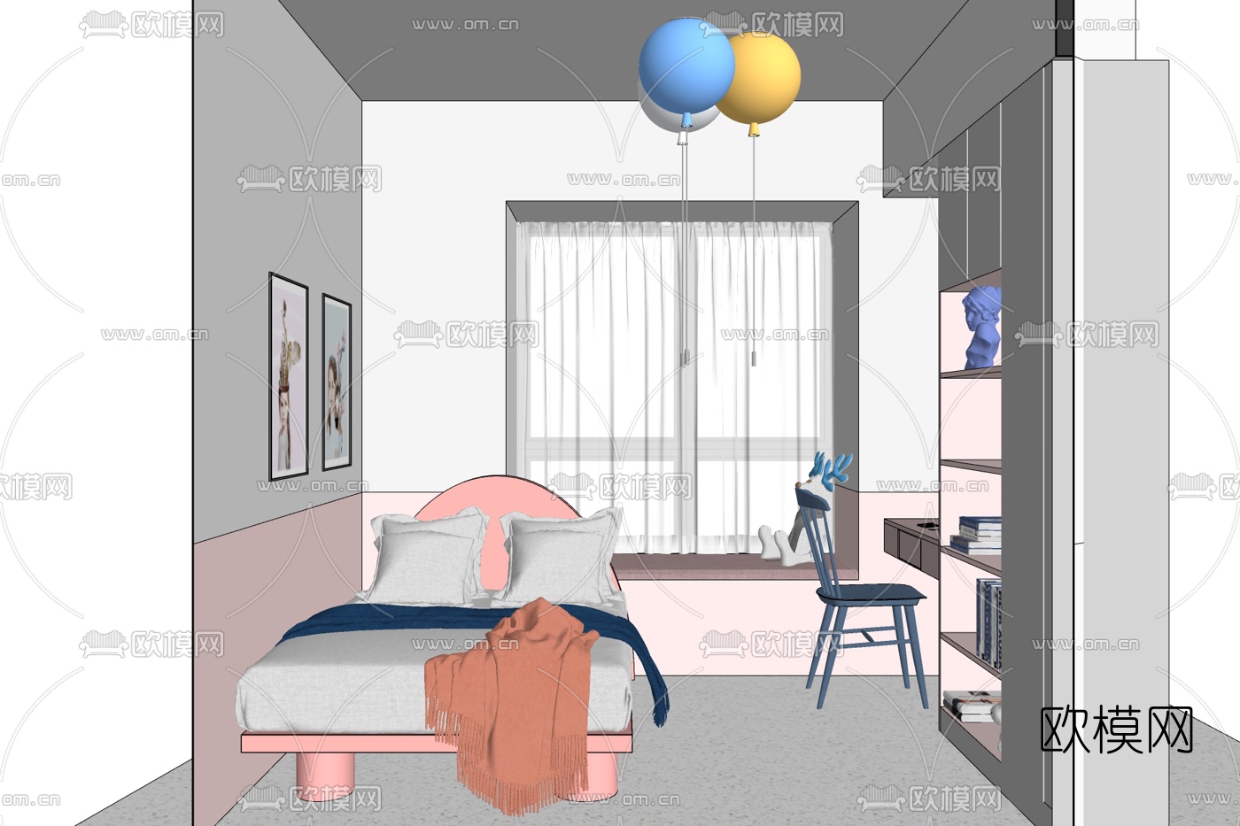现代儿童房卧室免费su模型下载