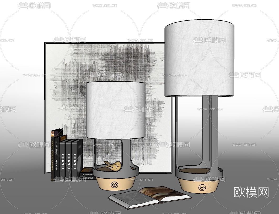北欧金属台灯书籍摆件su模型下载（渲染图2）