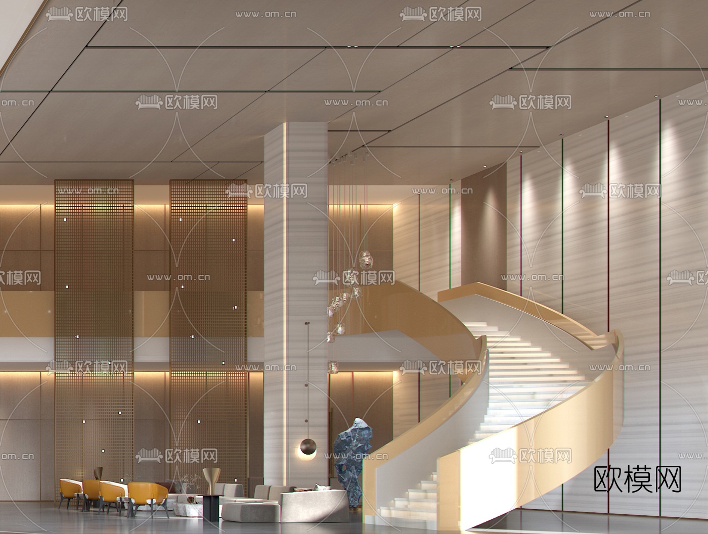 新中式公司办公楼大堂前台3d模型下载（渲染图3）