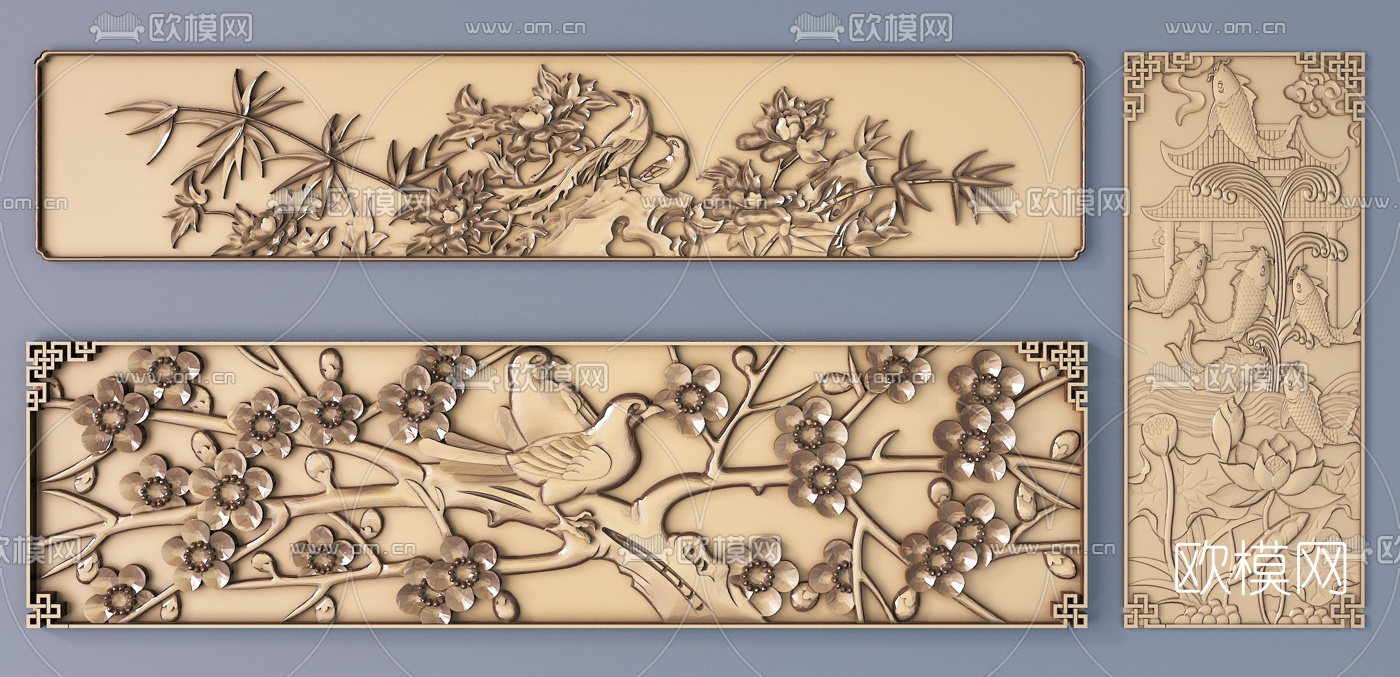新中式花鸟鲤鱼跃龙门浮雕3d模型