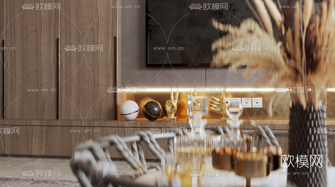 现代轻奢客厅餐厅3d模型