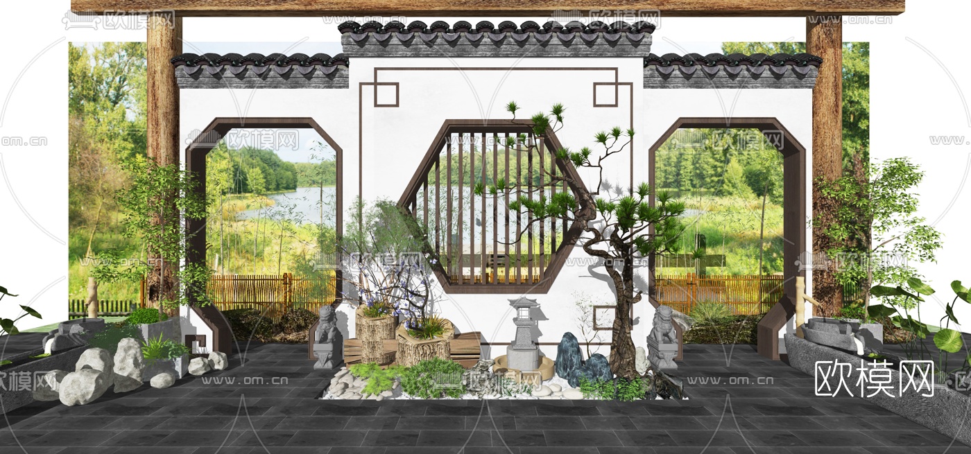 新中式庭院枯山水景观小品su模型
