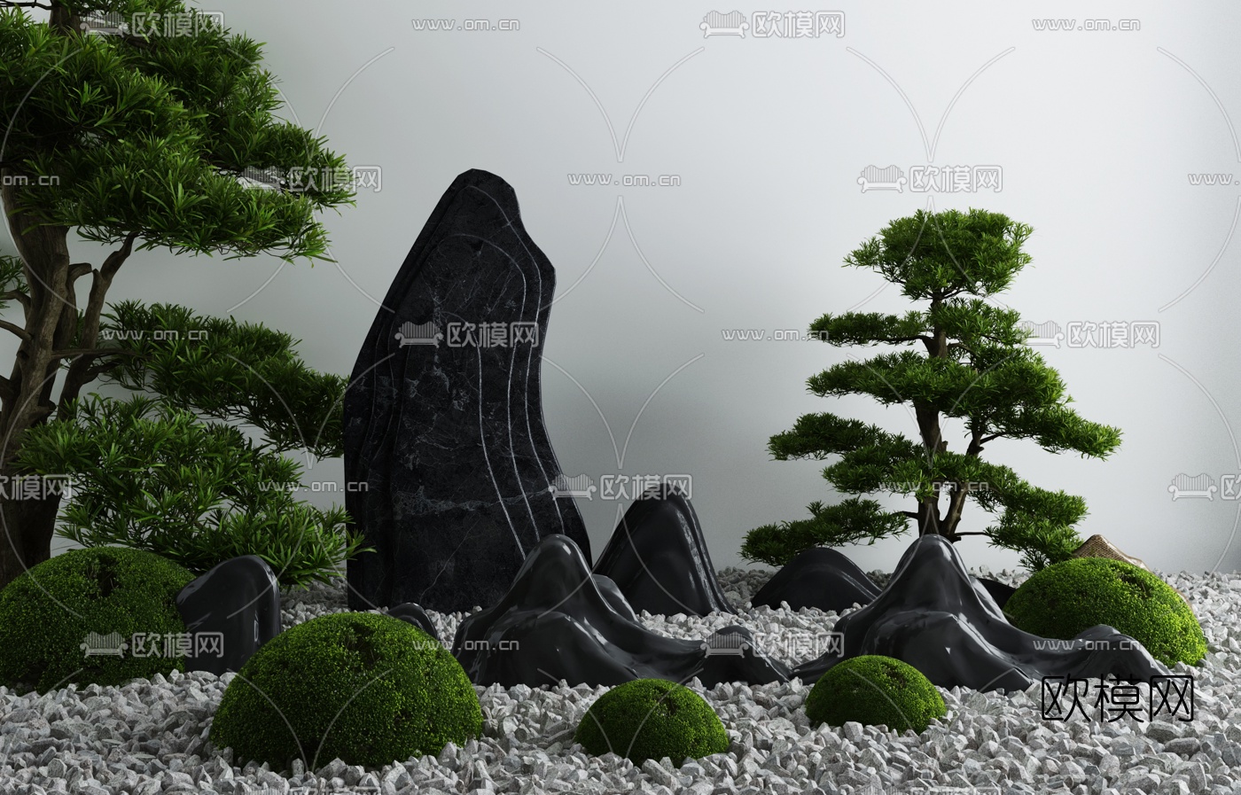 新中式假山树灌木小品3d模型