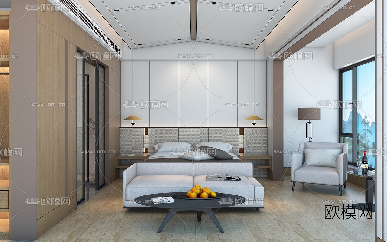 现代酒店客房su模型下载（渲染图1）